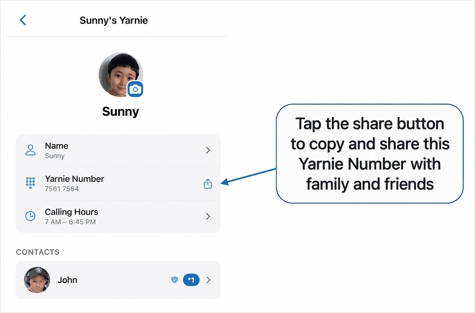 My Yarnie tab showing the child's Yarnie Number, with a callout pointing at the share button: tap to copy and share with family and friends