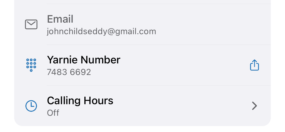 You tab showing your own Yarnie Number with a share button